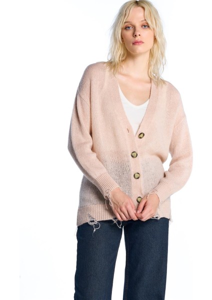 Pudra Yırtık Detaylı Triko Hırka