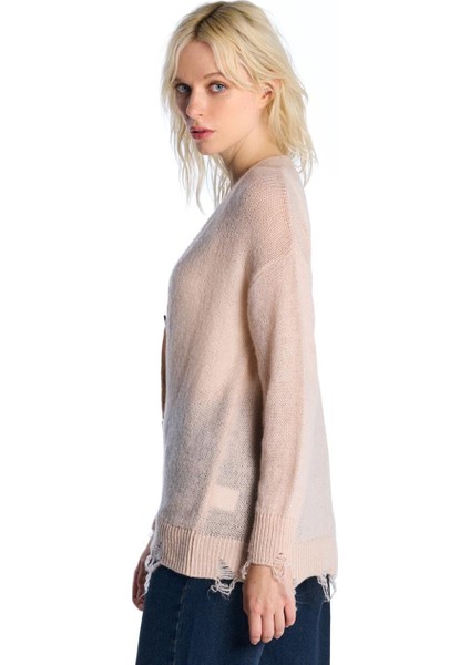 Pudra Yırtık Detaylı Triko Hırka modelleri