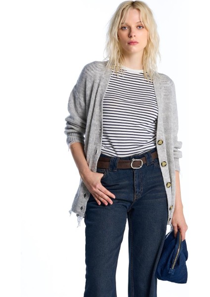 Gri Melanj Yırtık Detaylı Triko Hırka