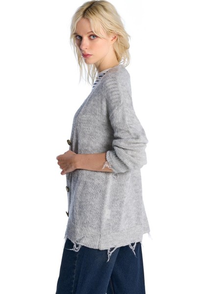 Gri Melanj Yırtık Detaylı Triko Hırka fiyatları