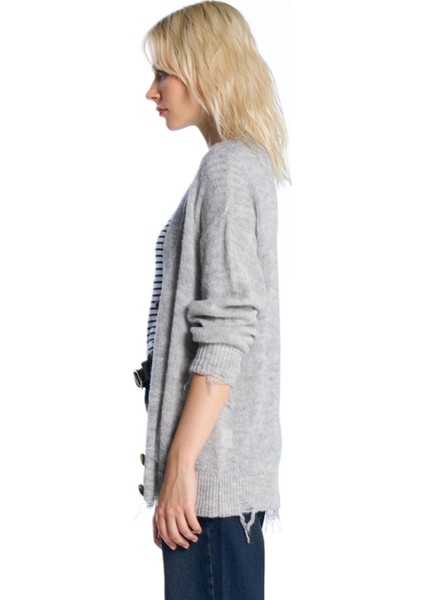 Gri Melanj Yırtık Detaylı Triko Hırka modelleri