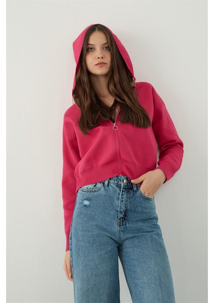 Fuşya Kapüşonlu Fermuarlı Sweatshirt