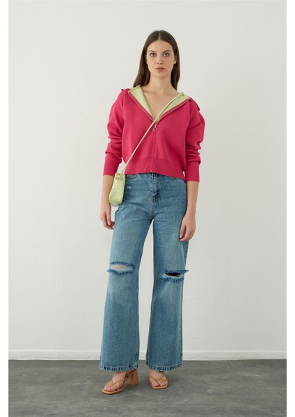 Fuşya Kapüşonlu Fermuarlı Sweatshirt fiyatları