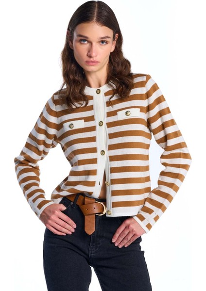 Hardal Düğme Detaylı Çizgili Triko Kazak