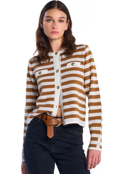 Hardal Düğme Detaylı Çizgili Triko Kazak fiyatları