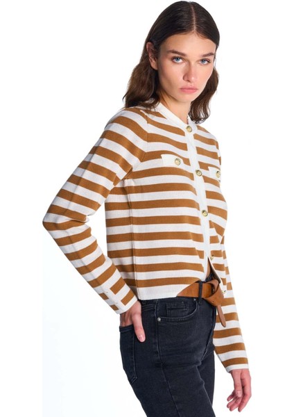 Hardal Düğme Detaylı Çizgili Triko Kazak modelleri