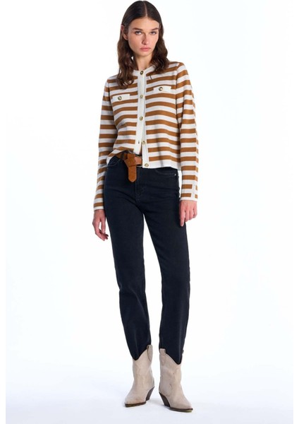 Hardal Düğme Detaylı Çizgili Triko Kazak fırsatları