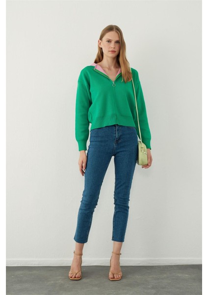 Yeşil Kapüşonlu Fermuarlı Sweatshirt