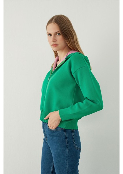 Yeşil Kapüşonlu Fermuarlı Sweatshirt