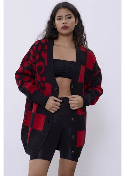 Kırmızı Desenli Oversize Triko Hırka