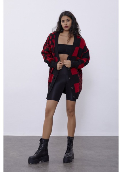 Kırmızı Desenli Oversize Triko Hırka