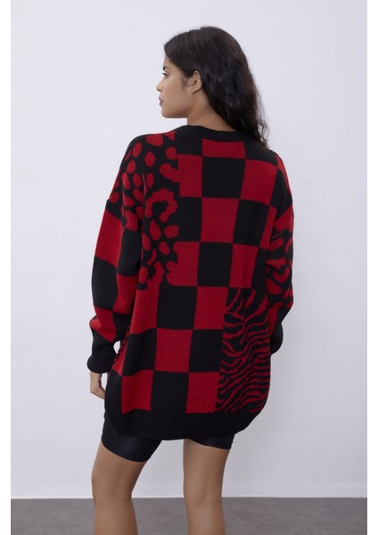 Kırmızı Desenli Oversize Triko Hırka