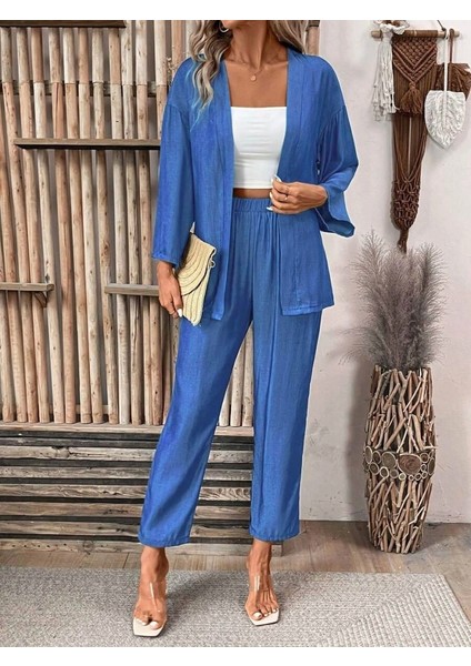 Kadın Uzun Kollu Önü Açık Dokuma Ceket ve Pantolon Ikili Takım modelleri