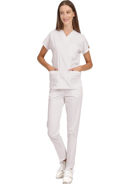 Scruble Flex | Likralı Doktor ve Hemşire Forması Unisex Cerrahi Takım Kırık Beyaz