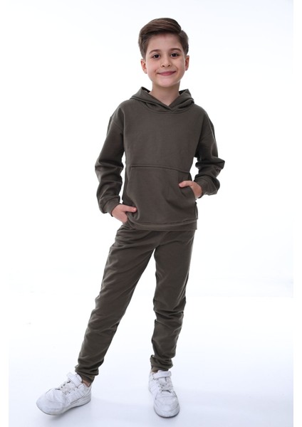 Basic Kapüşonlu 2 Iplik Şardonlu Kanguru Cepli Çocuk Eşofman Takımı 3-10 Yaş Haki fiyatları