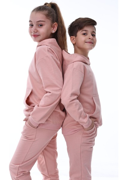 Basic Kapüşonlu 2 Iplik Şardonlu Kanguru Cepli Çocuk Eşofman Takımı 3-10 Yaş Pudra