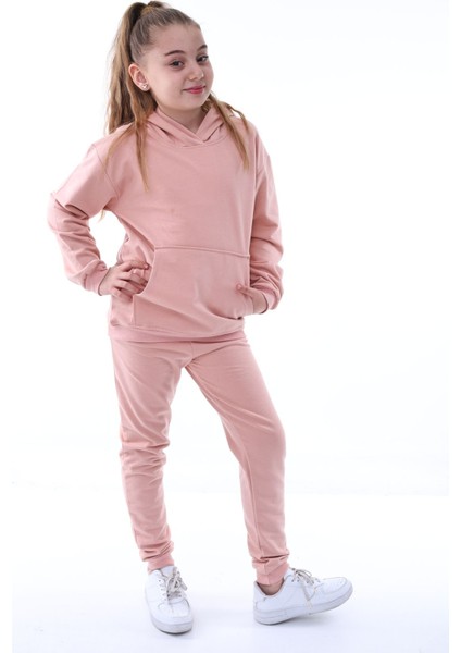 Basic Kapüşonlu 2 Iplik Şardonlu Kanguru Cepli Çocuk Eşofman Takımı 3-10 Yaş Pudra fiyatları