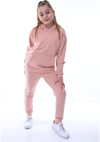 Basic Kapüşonlu 2 Iplik Şardonlu Kanguru Cepli Çocuk Eşofman Takımı 3-10 Yaş Pudra modelleri