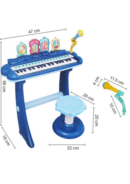 37 Tuşlu Tabureli Mikrofonlu Pilli Piyano Oyuncak Piyano Seti Mavi