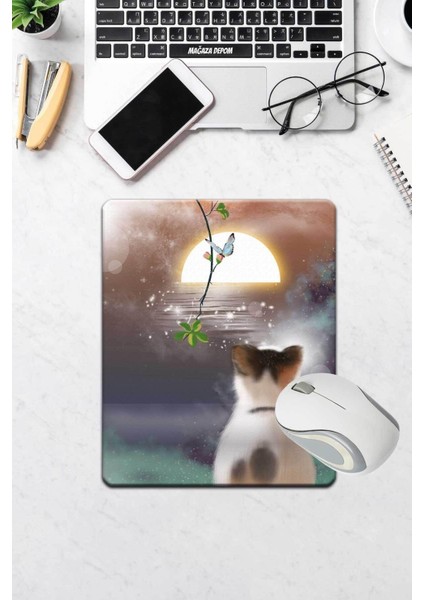 Byars-Batımını Seyreden Kedi Baskılı Bilek Destekli Dikdörtgen Mouse Pad-Byars