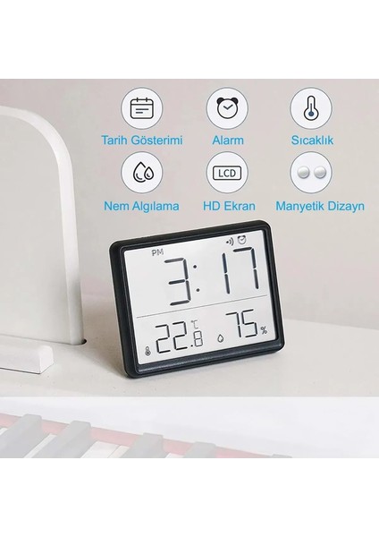 Pilli LCD Dijital Ekran Mini Saat 9x7 cm Alarm Sıcaklık Nem Göstergesi Ultra Ince Dekoratif Çok Fonksiyonlu