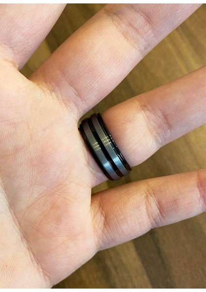 Erkek Gümüş Ikili Çizgi Model Siyah Renk Tungsten Yüzük fiyatları