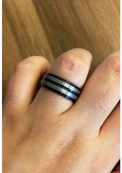 Erkek Gümüş Ikili Çizgi Model Siyah Renk Tungsten Yüzük modelleri