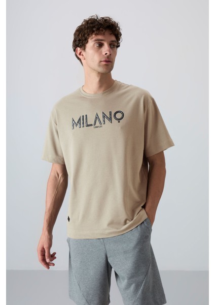 Bej Pamuklu Kalın Yumuşak Dokulu Oversize Fit Baskılı Erkek T-Shirt - 88345