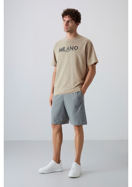 Bej Pamuklu Kalın Yumuşak Dokulu Oversize Fit Baskılı Erkek T-Shirt - 88345