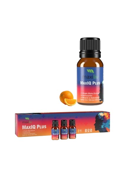 Maxiq Plus | Zihinsel Performansı ve Odaklanmayı Destekleyen Ginkgo Biloba, B Vitaminleri İçeren Sıvı Takviye | Portakal Aromalı | 10 mL x 10 Flakon