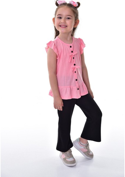 Fırfır Kollu Düğmeli Fiyonk Detaylı Kız Çocuk Alt-Üst Takım
