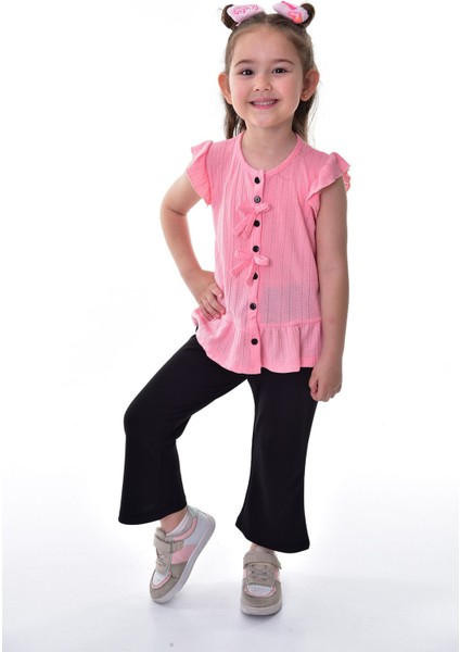 Fırfır Kollu Düğmeli Fiyonk Detaylı Kız Çocuk Alt-Üst Takım modelleri