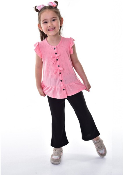Fırfır Kollu Düğmeli Fiyonk Detaylı Kız Çocuk Alt-Üst Takım fırsatları