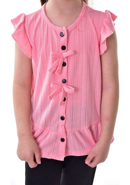 Fırfır Kollu Düğmeli Fiyonk Detaylı Kız Çocuk Alt-Üst Takım indirimleri