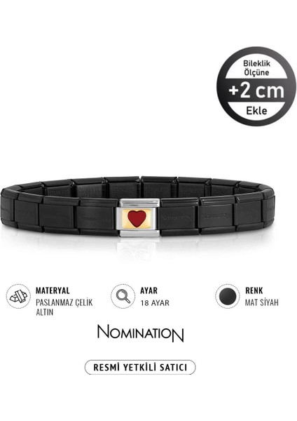 Italy Composable 18 Ayar Altın Kare Kırmızı Büyük Kalp ve Çelik Bileklik Mat Siyah