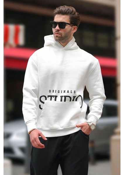 Ekru Kapüşonlu Baskılı Cep Detaylı Sweatshirt E7076