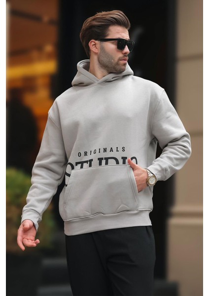 Boyalı Gri Kapüşonlu Baskılı Cep Detaylı Sweatshirt E7076 fiyatları