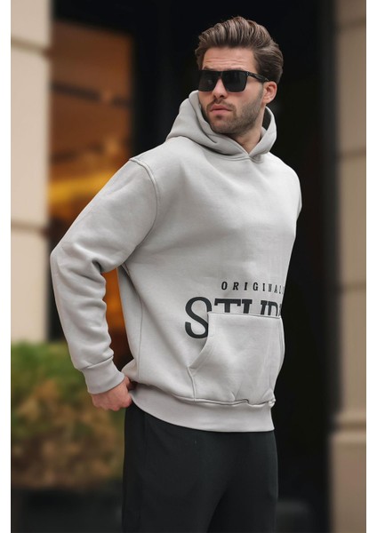 Boyalı Gri Kapüşonlu Baskılı Cep Detaylı Sweatshirt E7076 modelleri