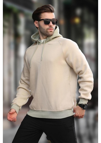 Bej Renk Bloklu Kapüşonlu Sweatshirt 7073