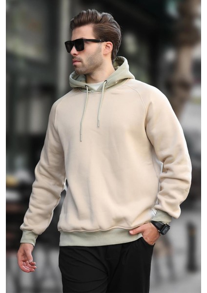 Bej Renk Bloklu Kapüşonlu Sweatshirt 7073 fiyatları