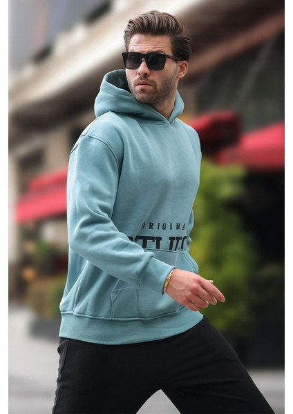 Mavi Kapüşonlu Baskılı Cep Detaylı Sweatshirt E7076