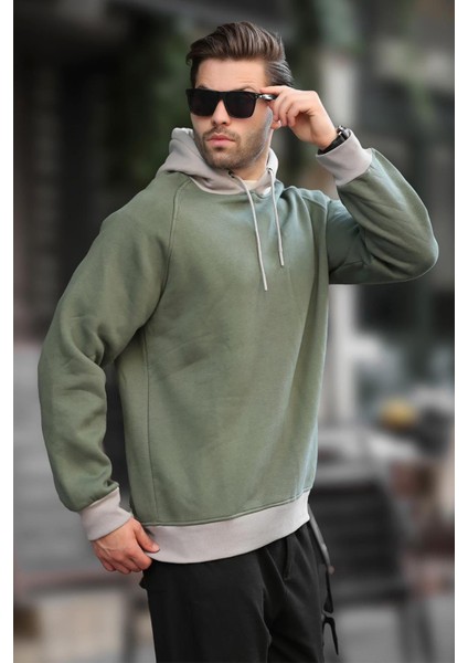 Haki Renk Bloklu Kapüşonlu Sweatshirt 7073