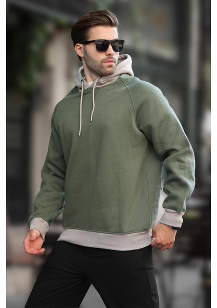 Haki Renk Bloklu Kapüşonlu Sweatshirt 7073 fiyatları