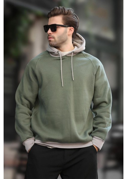 Haki Renk Bloklu Kapüşonlu Sweatshirt 7073 modelleri