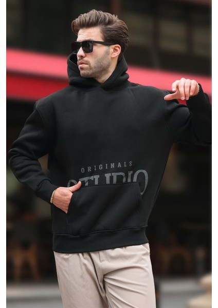 Siyah Kapüşonlu Baskılı Cep Detaylı Sweatshirt E7076