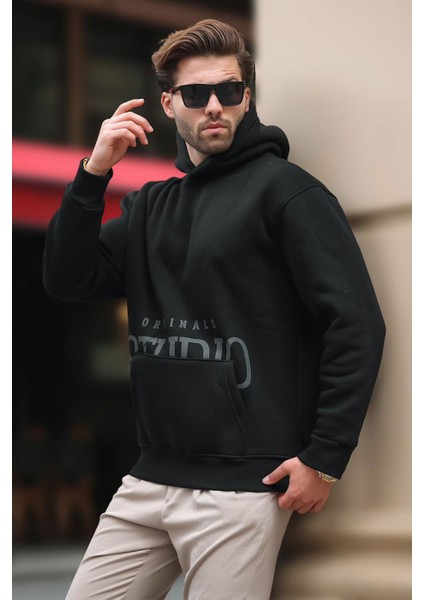 Siyah Kapüşonlu Baskılı Cep Detaylı Sweatshirt E7076 fiyatları