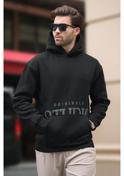 Siyah Kapüşonlu Baskılı Cep Detaylı Sweatshirt E7076 modelleri