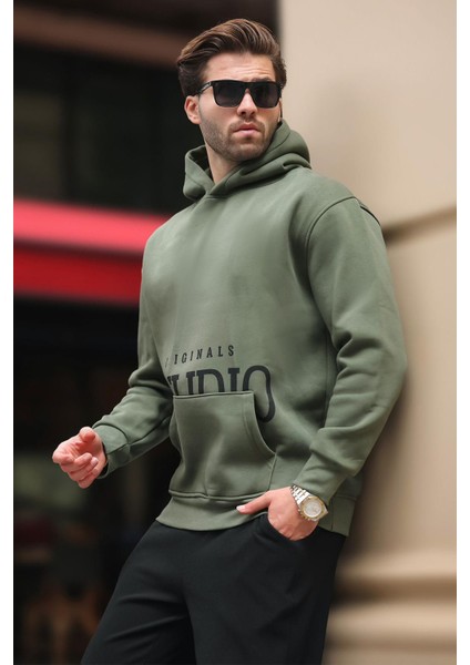 Haki Kapüşonlu Baskılı Cep Detaylı Sweatshirt E7076