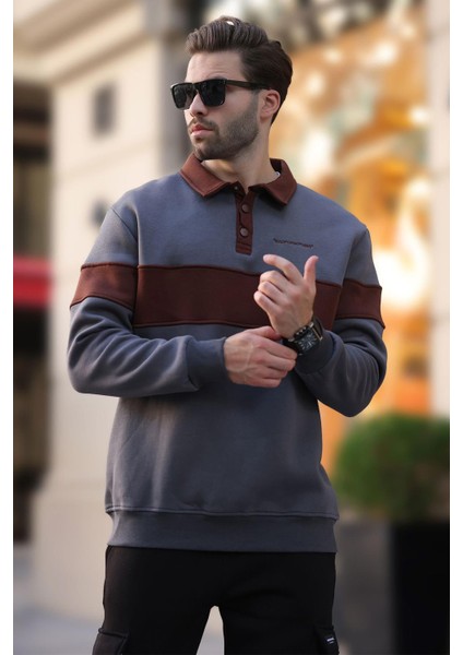 Füme Polo Yaka Renk Bloklu Erkek Sweatshirt 7072