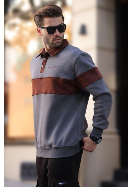 Füme Polo Yaka Renk Bloklu Erkek Sweatshirt 7072 fiyatları